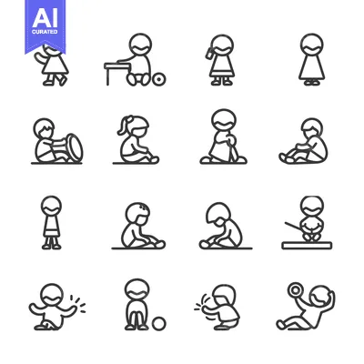 Aset desain premium: Set of 16 Line Icons of Children Playing and Sitting