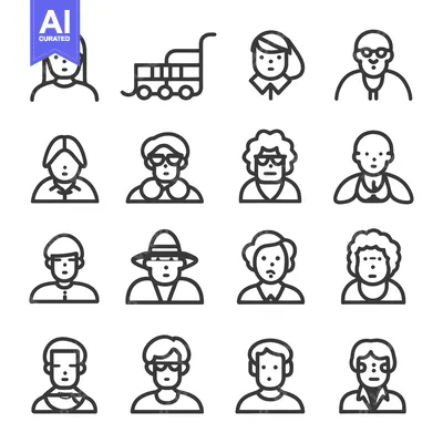 Premium design asset: Set of 16 Line Icons of Different People's Faces