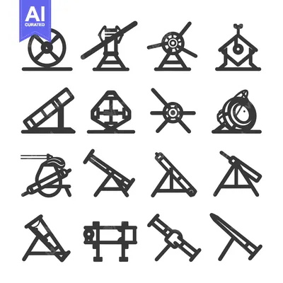 Set of 16 Line Icons of Different Types of Cannons