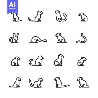 Set of 16 Line Icons of Sitting Meerkat in Different Poses