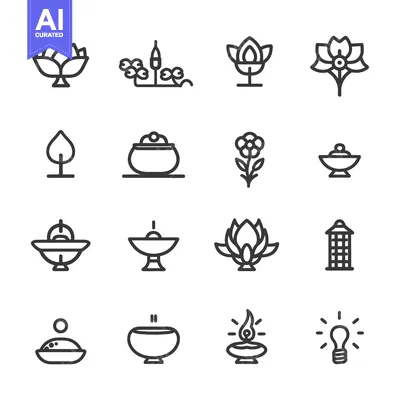 Set of 16 Line Icons Related to Buddhism and Meditation