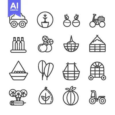 Set of 16 Line Icons Related to Gardening and Agriculture