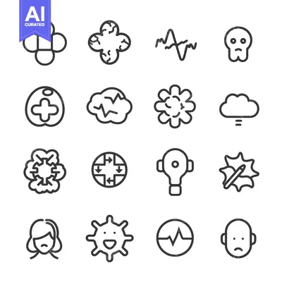 Set of 16 Line Icons Related to Health, Emotions, and Technology