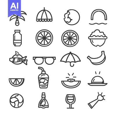Aset premium populer: Set of 16 Line Icons Related to Summer, Food, and Drinks
