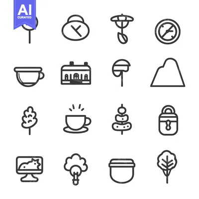 Aset desain premium: Set of 16 Line Icons Related to Time, Coffee, Nature, and Buildings
