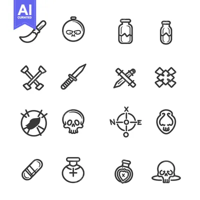 Aset desain premium: Set of 16 Line Icons Representing Death and Danger