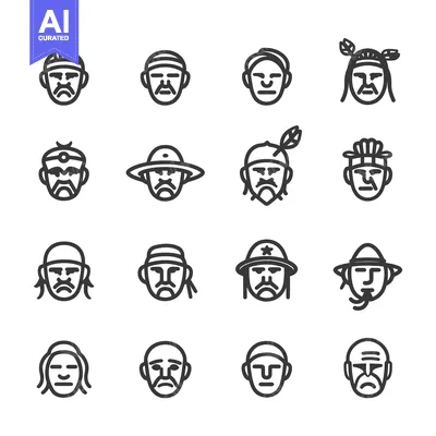 Aset premium populer: Set of 16 Line Icons Representing Different Cultures and Ethnicities
