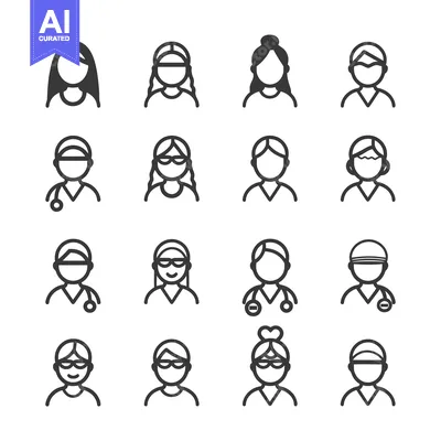 Set of 16 Line Icons Representing Diverse People with Different Hair S