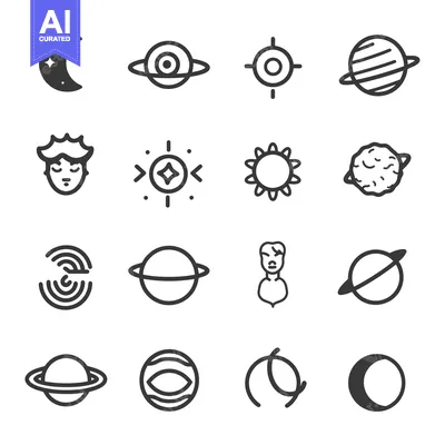 Set of 16 Line Icons Representing Planets, Stars, and the Moon