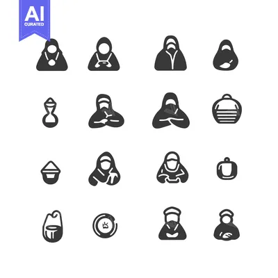 Set of 16 Monochrome Icons Depicting People Wearing Hooded Garments