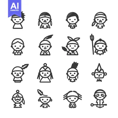 Aset premium populer: Set of 16 Native American Cartoon Characters in Line Art Style
