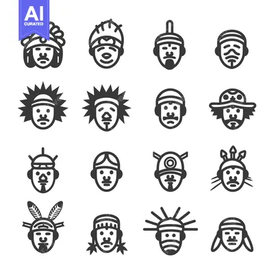 Aset desain premium: Set of 16 Native American Head Icons
