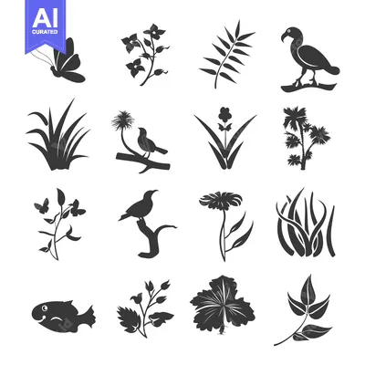Aset premium populer: Set of 16 Nature Black Silhouette Icons Including Birds, Butterflies,