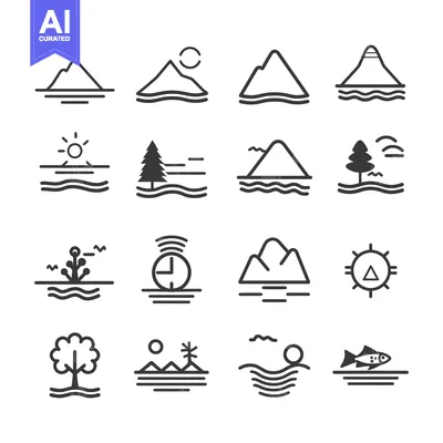 Premium design asset: Set of 16 Nature Icons with Mountains, Water, Sun, and Trees