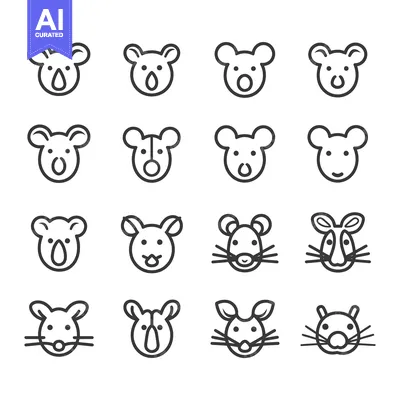 Aset desain premium: Set of 16 Outline Animal Faces with Large Ears