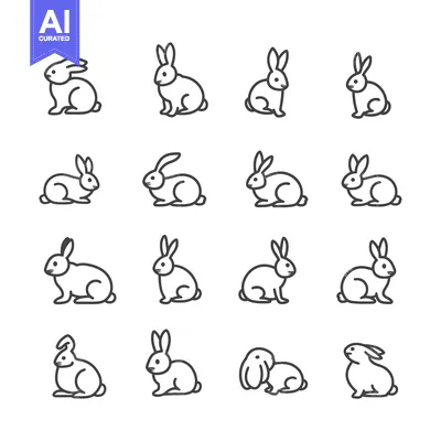 Set of 16 outlined rabbit illustrations in various poses