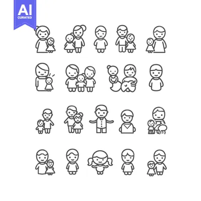 Aset premium populer: Set of 16 Outline Icons Depicting Different Family Structures