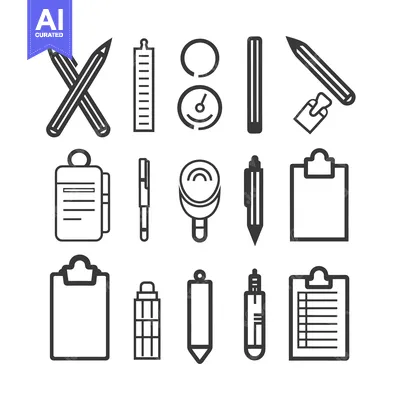 Set of 16 Outline Icons for Office and School Supplies