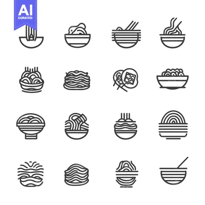 Set of 16 Outline Icons of Different Noodles in Bowls