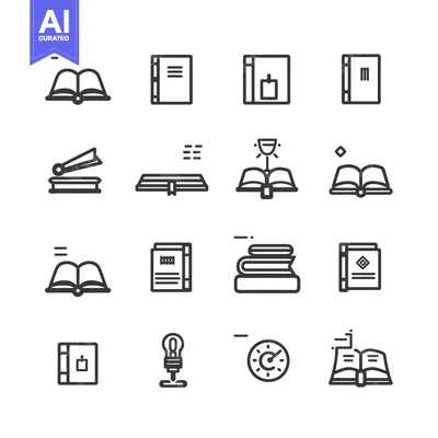 Set of 16 Outline Icons Related to Books and Reading