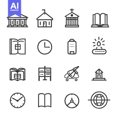Set of 16 Outline Icons Related to Education, Time and Religion