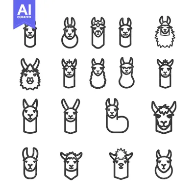 Set of 16 Outline Llamas with Different Facial Expressions and Feature