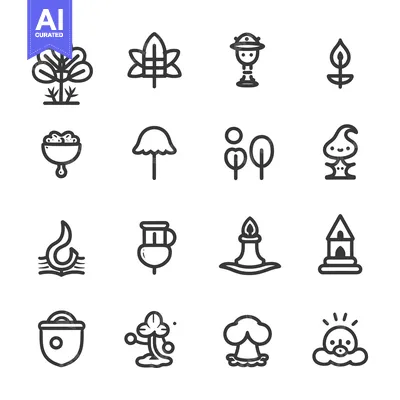 Set of 16 Outline Nature Icons with Various Plants, Trees, and Element