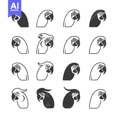 Set of 16 Parrot Head Icons in Black and White Design
