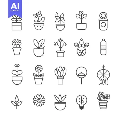 Aset premium populer: Set of 16 Potted Plant Line Icons with a Sprout, Flower, and Lightbulb