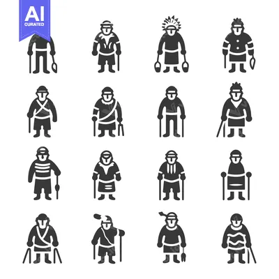 Aset desain premium: Set of 16 Primitive Human Icons in Black and White