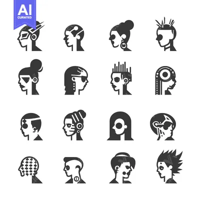 Aset desain premium: Set of 16 Silhouette Icons of Unique Human Heads with Different Hairst