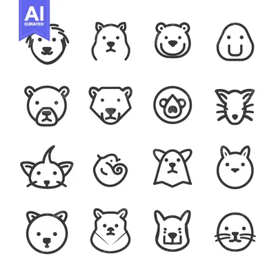 Aset premium populer: Set of 16 Simple Animal Head Icons in Black and White