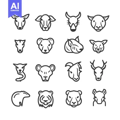 Premium design asset: Set of 16 Simple Animal Head Icons in Outline Style