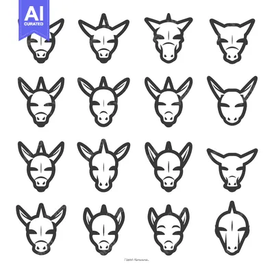 Set of 16 Simple Black and White Donkey Heads