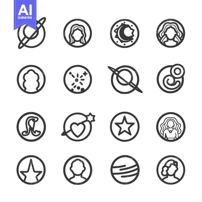 Set of 16 Simple Circular Line Icons Depicting Zodiac Signs, Hearts, S