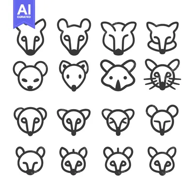 Set of 16 Simple Line Animal Head Icons, Including Mice, Foxes, and Ra