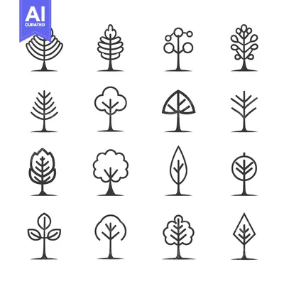 Aset desain premium: Set of 16 Simple Line Art Tree Icons with Different Styles