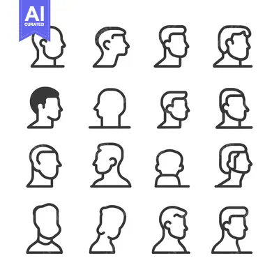 Aset desain premium: Set of 16 Simple Line Icons of Male Heads in Profile