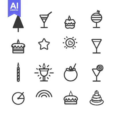 Aset desain premium: Set of 16 Simple Line Icons Related to Birthday, Party, Celebration an