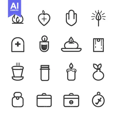 Set of 16 Simple Line Icons Related to Flame, Fire, Candle, and Light