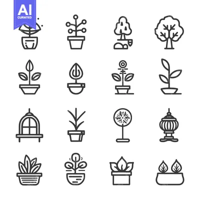 Aset desain premium: Set of 16 Simple Plant Icons in Black and White