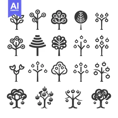 Aset desain premium: Set of 16 Simple Tree Icons with Different Shapes and Fruit