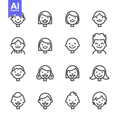 Set of 16 Smiling Human Face Icons with Different Hair Styles