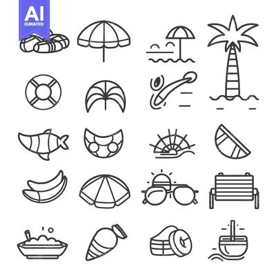 Set of 16 Summer Beach Holiday Themed Line Icons