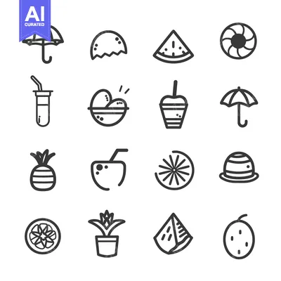 Set of 16 Summer Holiday Themed Line Icons
