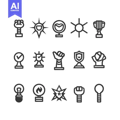 Set of 16 Trophy Award Icons in Outline Style