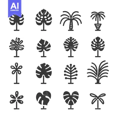 Aset desain premium: Set of 16 Tropical Plant Icons, Black Silhouette