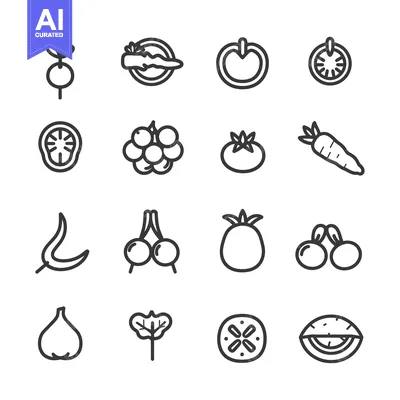 Aset desain premium: Set of 16 Vegetable and Fruit Line Icons