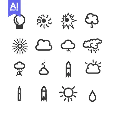 Set of 16 Weather and Nature Icons in Black and White