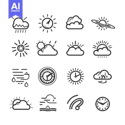 Set of 16 Weather and Time Icons in Outline Style